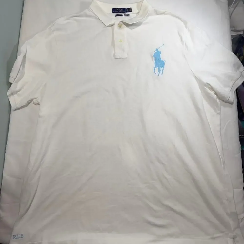 Polo Ralph Lauren Mens Polo Shirt XXL Classic Fit White Light Blue Big Pony RL18